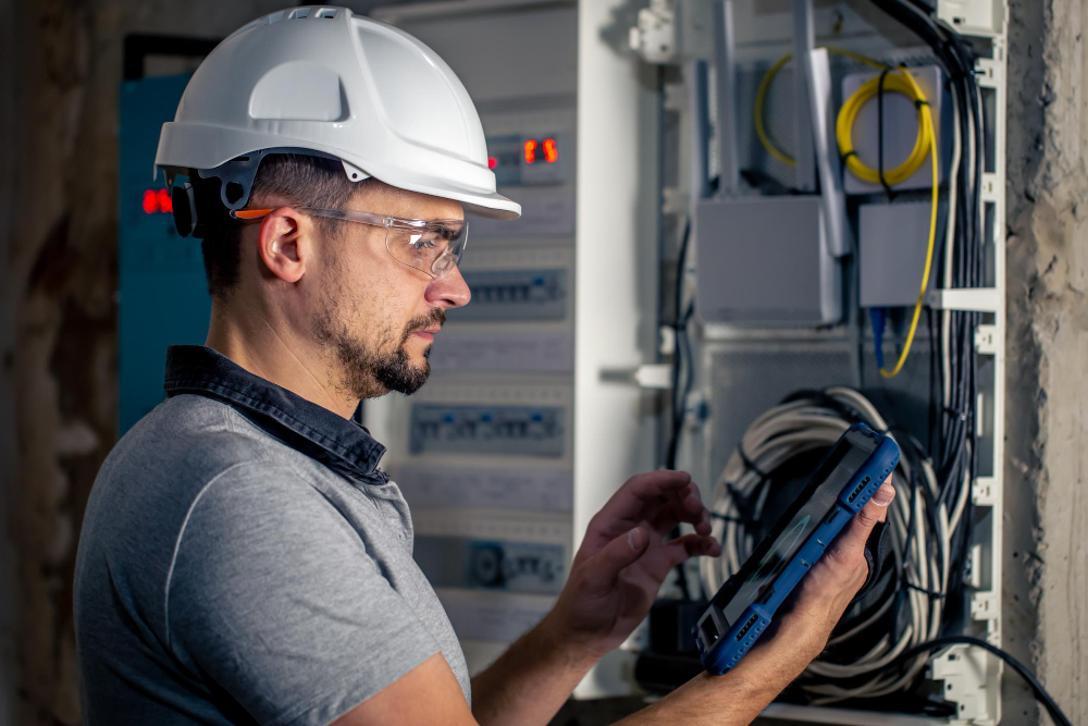 Commercial electrician examining an electrical panel